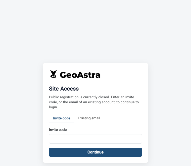 Site Access screen with invite code and existing email options