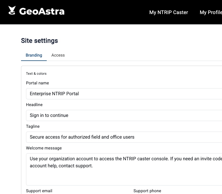 Enterprise Site settings page for portal branding