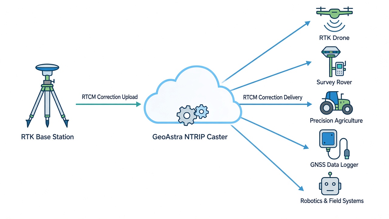 Diagram showing an RTK base uploading corrections to the GeoAstra NTRIP Caster for delivery to drones, survey rovers, precision agriculture, GNSS data loggers and field robots