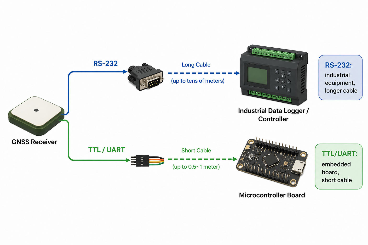RS-232 and TTL signal paths from a GNSS receiver to industrial and embedded host devices