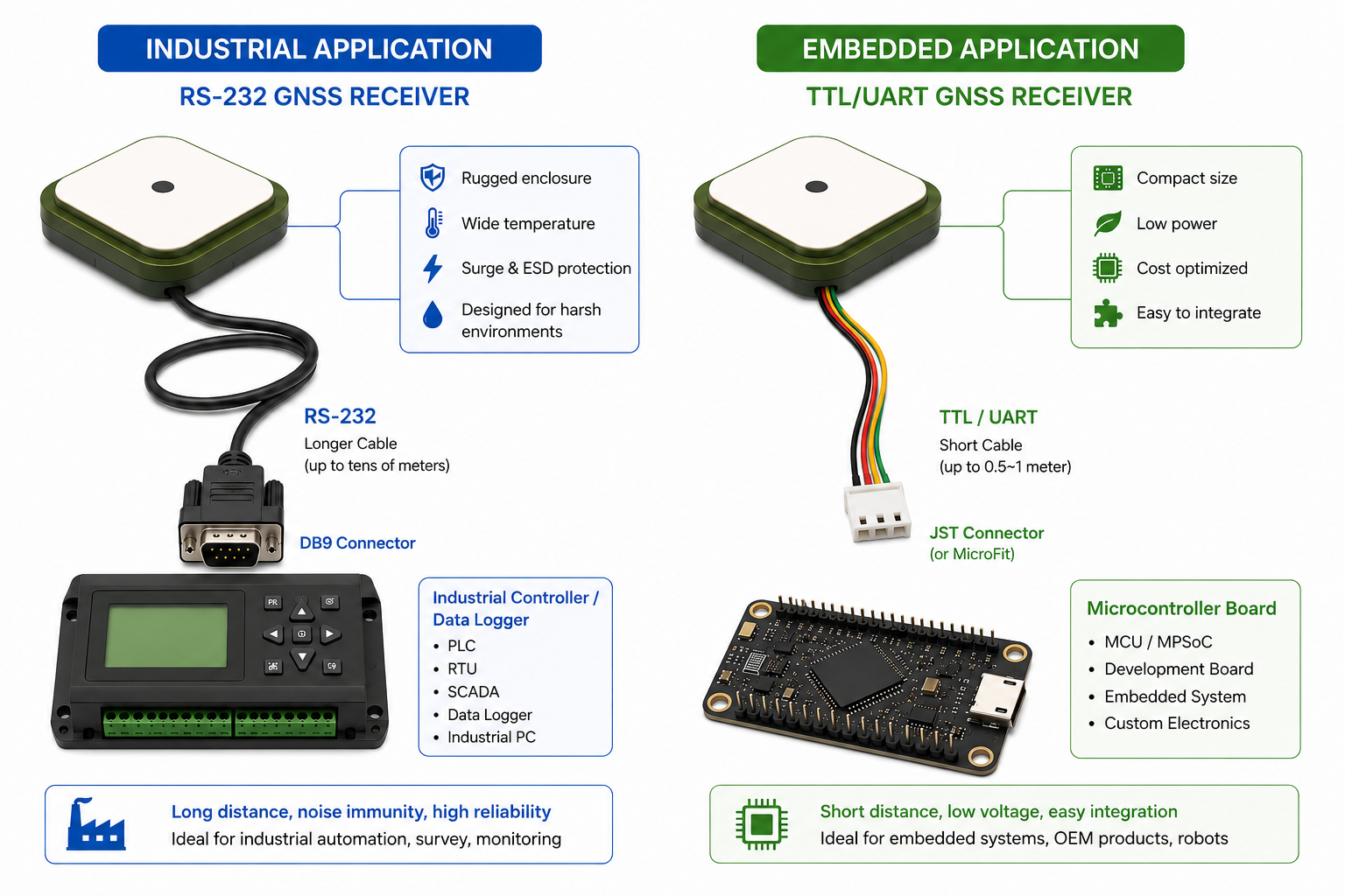 RS-232 receiver connected to an industrial controller compared with TTL UART receiver connected to a microcontroller board