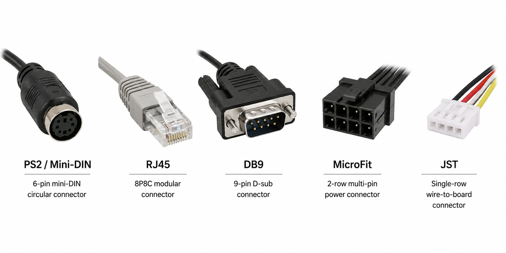 Common GNSS receiver connector types including PS2 Mini-DIN, RJ45, DB9, MicroFit, and JST